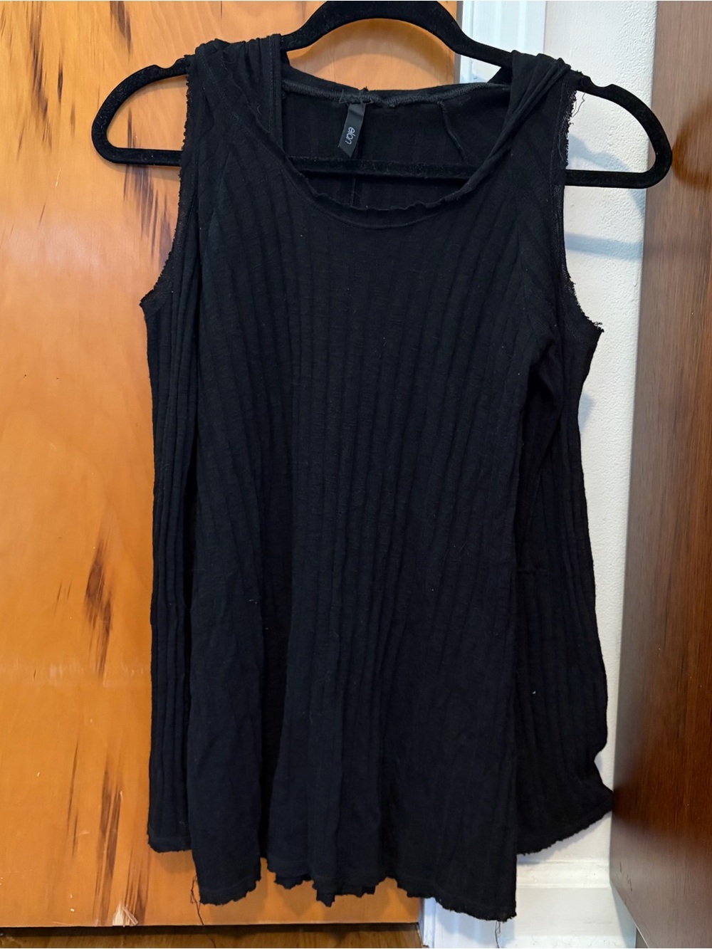 Elan Black Wide Ribbed Cold Shoulder Top with hoodie